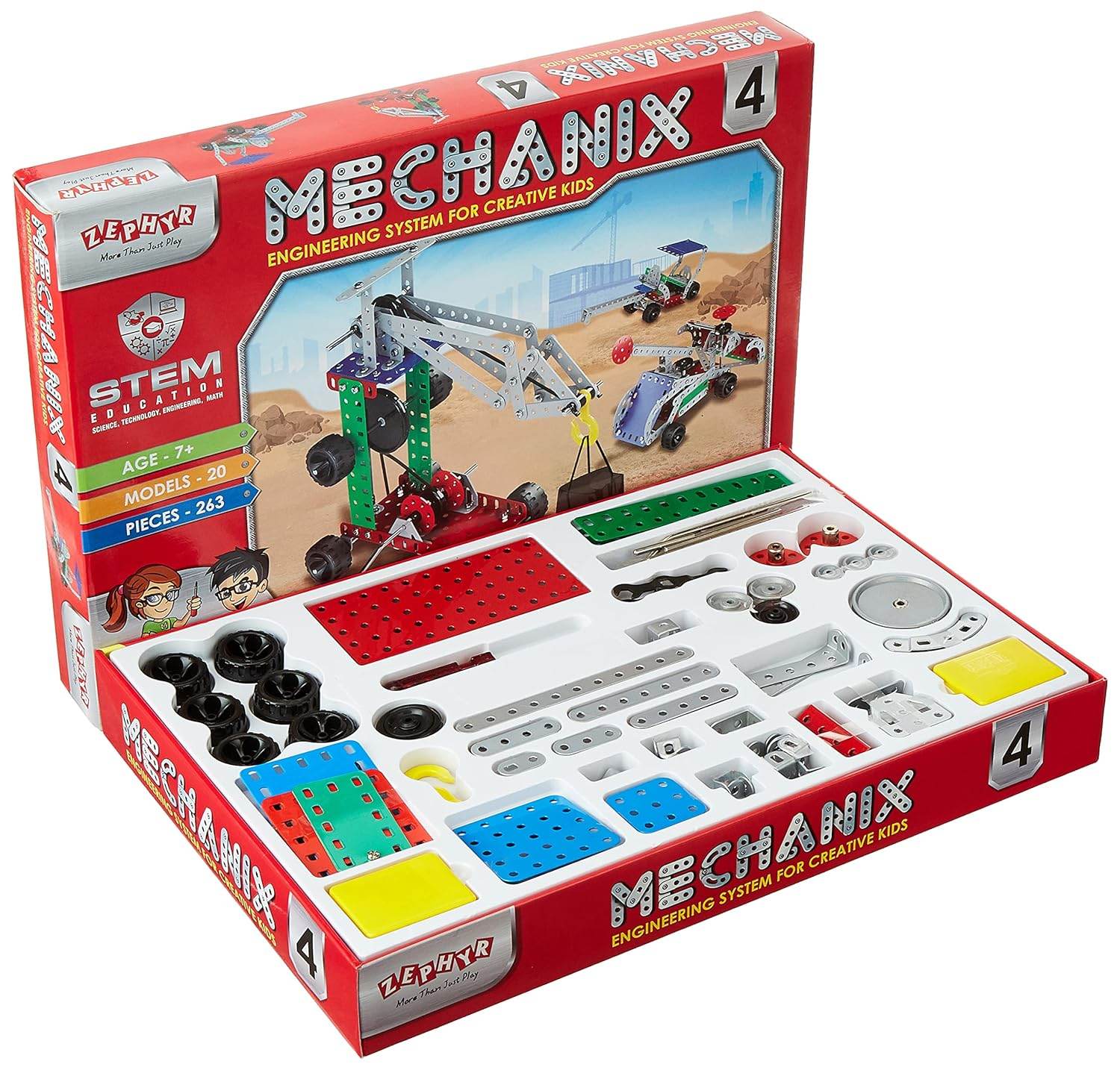 Mechanix engineering STEM building set for kids with 263 pieces and 20 models for creative play