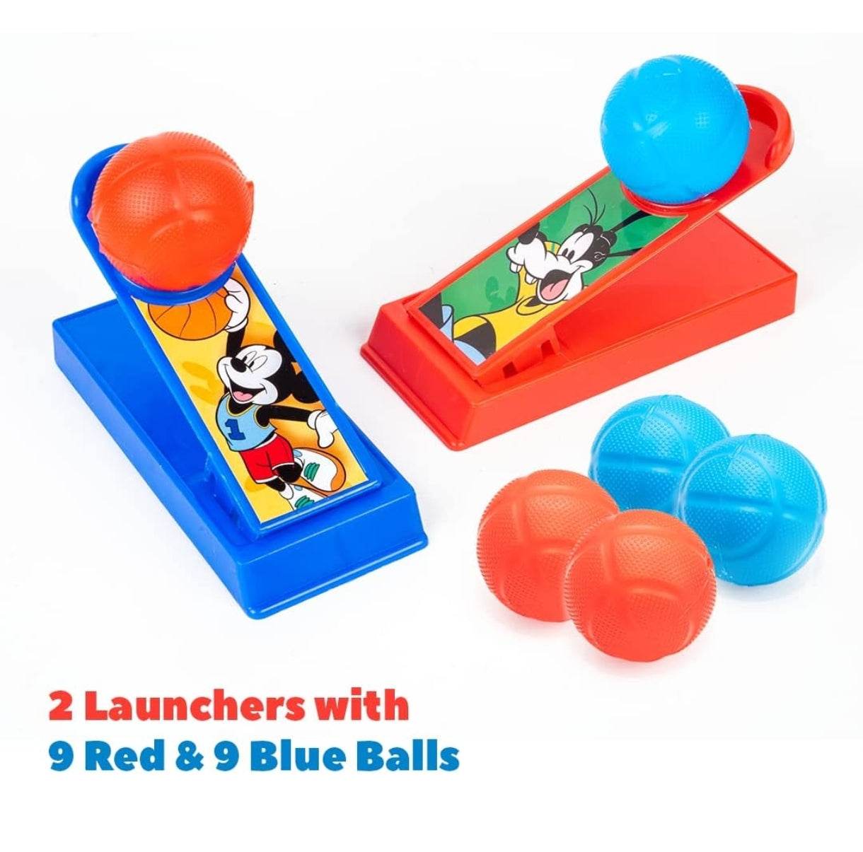 Mickey and Friends tabletop basketball game with two colorful launchers and red and blue balls for kids