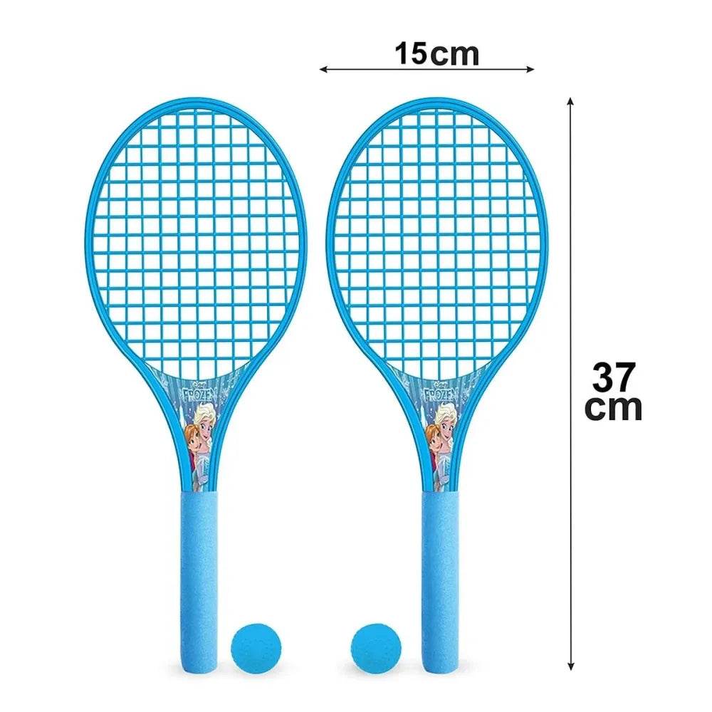 Blue Mickey Mouse and Mickey tennis racket set for kids, includes two racquets and two balls