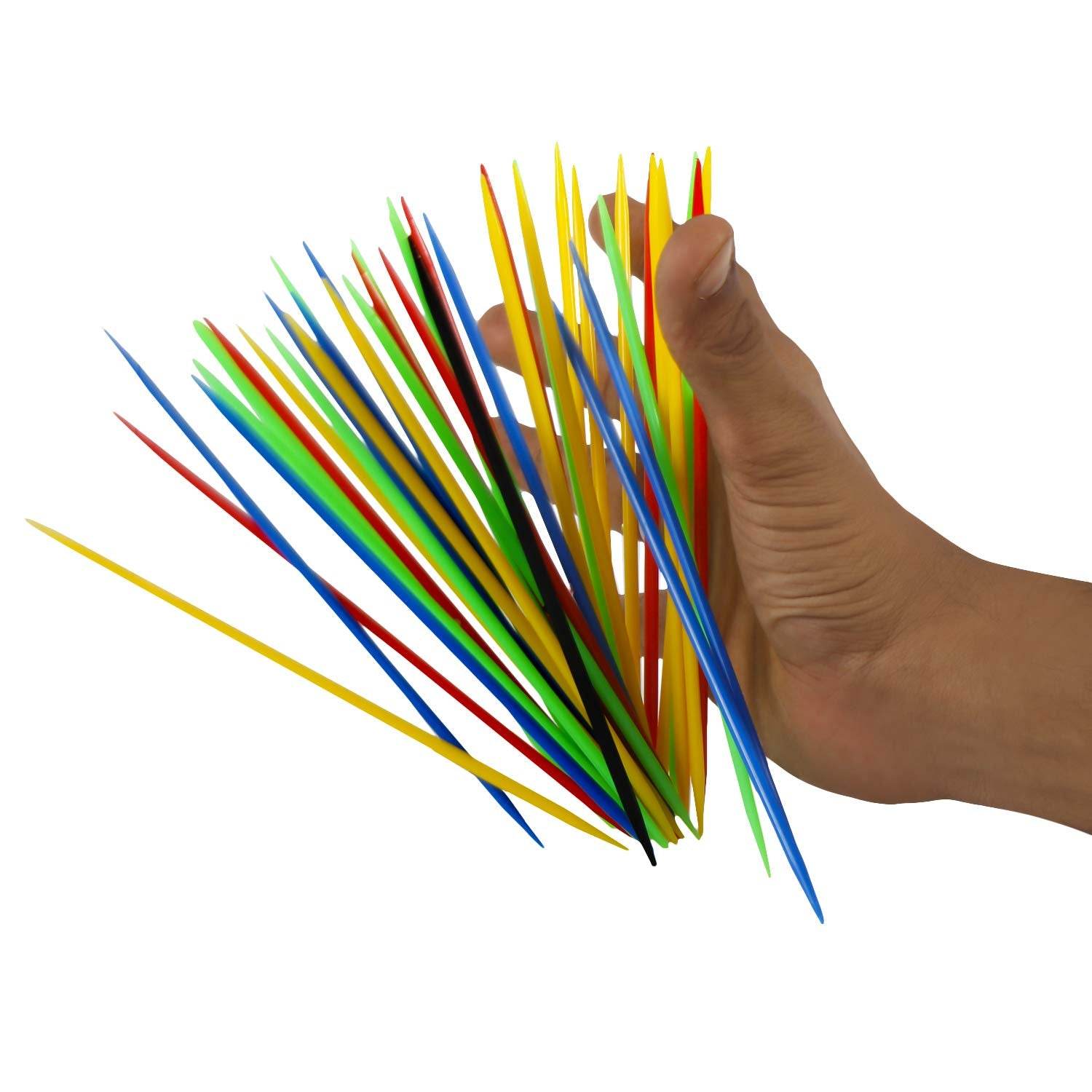 Hand holding colorful wooden sticks for Mikado sticks game for kids by T-Rex the toyland Sitamarhi