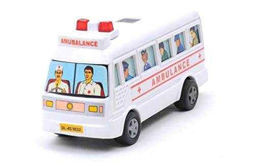 White mini ambulance toy for kids with red siren lights and cartoon driver and passengers