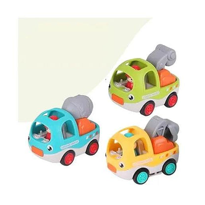 Colorful mini construction vehicle toys in blue, green, and yellow with red and teal wheels