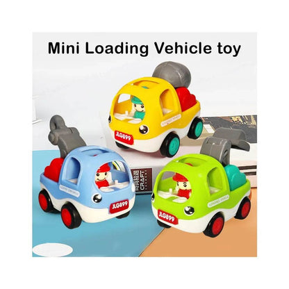 Colorful mini construction vehicle toys including yellow, blue, and green loading trucks with figures inside