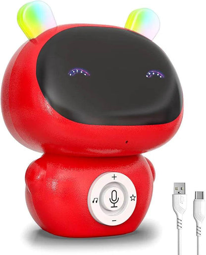 Mirana musical interactive robot toy for toddlers in red with colorful light-up ears and USB charging cable