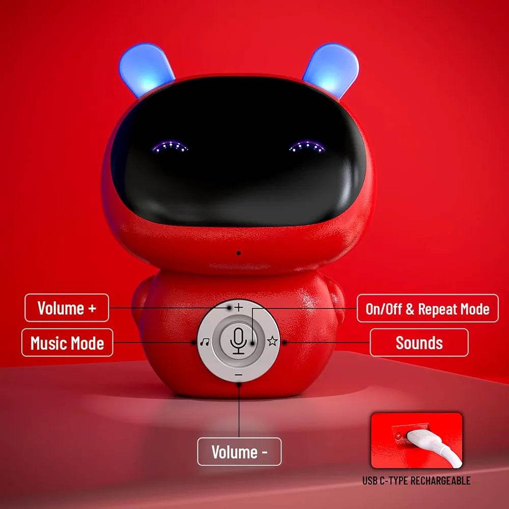 Mirana interactive robot toy for toddlers in red with music mode and USB C rechargeable port