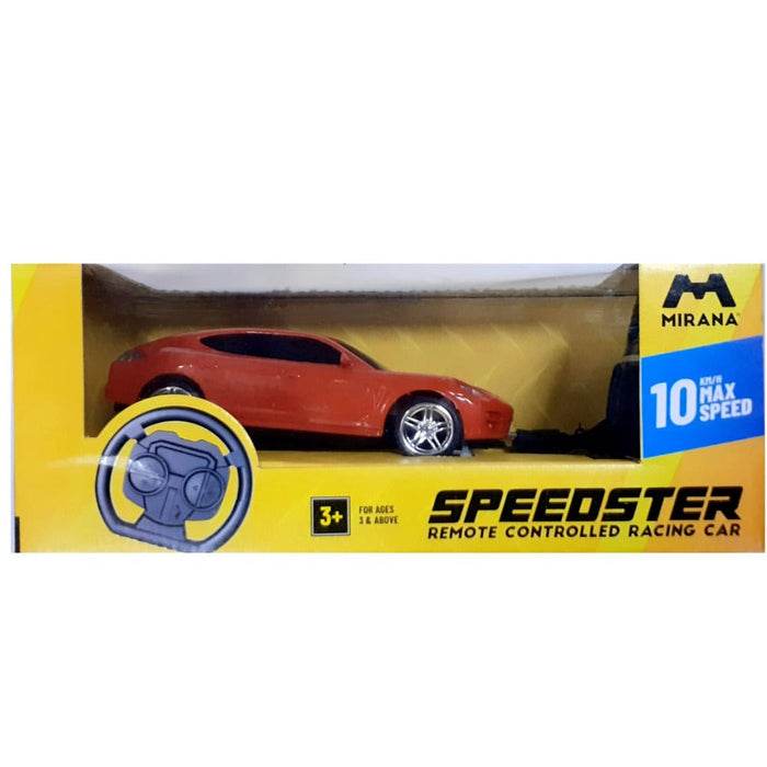 Mirana Speedster RC car in red with remote control and 10 kmh max speed in yellow packaging