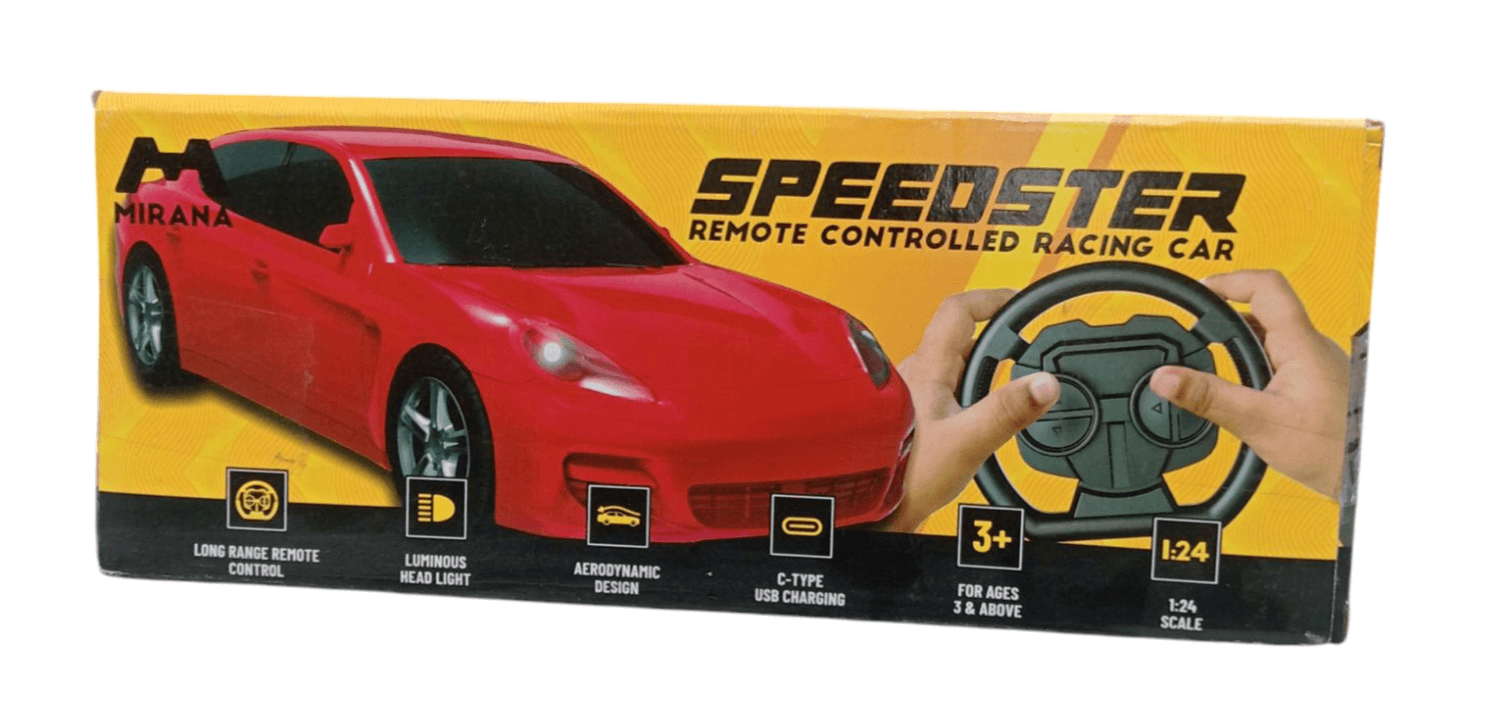 Mirana Speedster RC car red remote controlled racing car with round steering wheel controller on yellow box