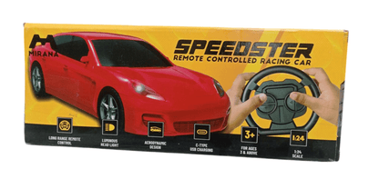 Mirana Speedster RC car red remote controlled racing car with round steering wheel controller on yellow box