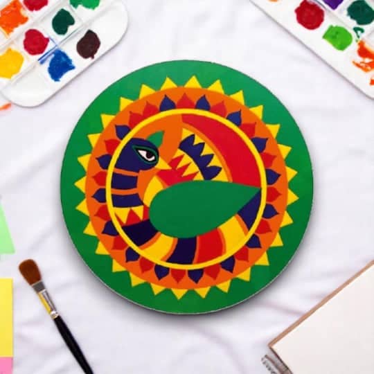 Colorful round mithila painting madhubani art featuring a vibrant peacock design