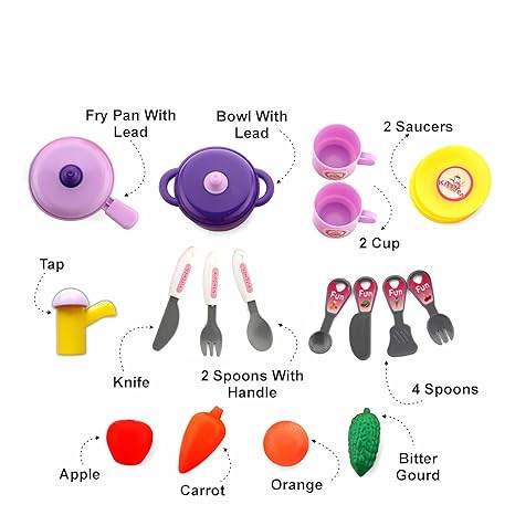 Modular kitchen toy set for kids with colorful pots, cups, spoons, knife, tap, and play fruits and vegetables