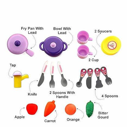 Modular kitchen toy set for kids with colorful pots, cups, spoons, knife, tap, and play fruits and vegetables