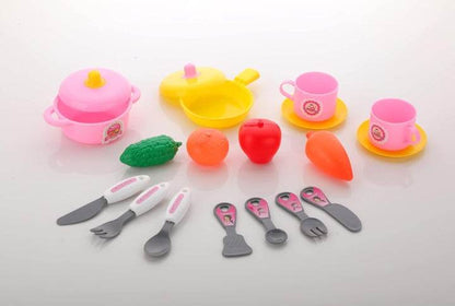Modular kitchen toy set for kids with pink and yellow pots, cups, utensils, and plastic fruits and vegetables