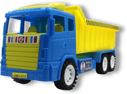 Blue monster toy truck with yellow dump bed for kids ages 3 and up