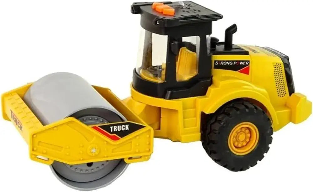Yellow construction roller truck toy for kids featuring a rolling drum, ideal for ages 3 and up