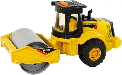 Yellow construction roller truck toy for kids featuring a rolling drum, ideal for ages 3 and up