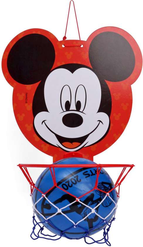 Mickey Mouse-themed basketball hoop with a blue basketball inside