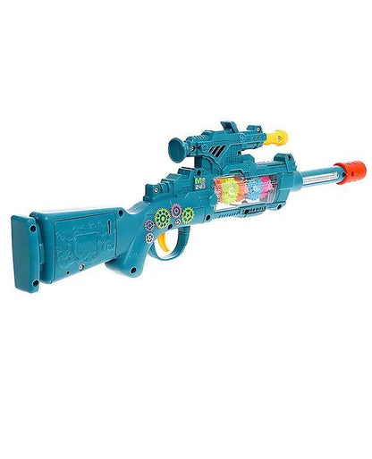 Blue electric gun toy with colorful gears, suitable for ages 5 and up, promoting imaginative play