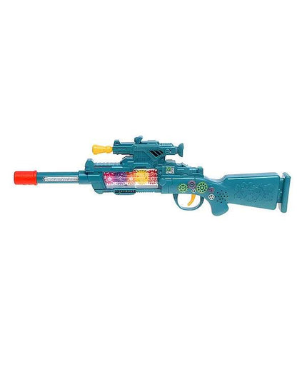 Blue electric gun with lights and sounds, ideal for kids aged 6 and up, featuring a musical crib toy function
