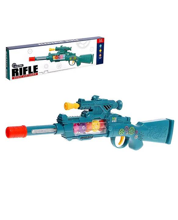 Blue electric gun toy with lights and sounds for kids, labeled as a musical crib toy