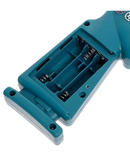 Electric gun in teal color, designed for kids with a musical crib toy feature