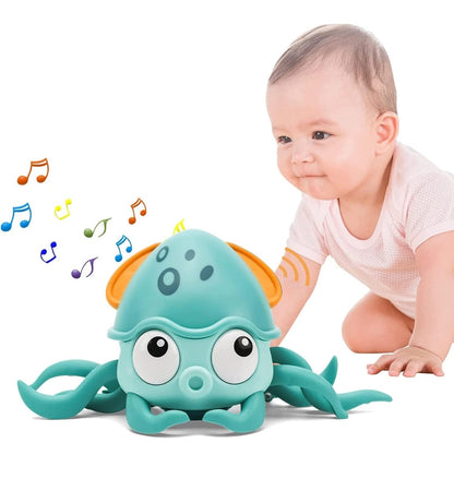 Blue octopus musical instrument toy for infants, making sounds to engage babies during playtime