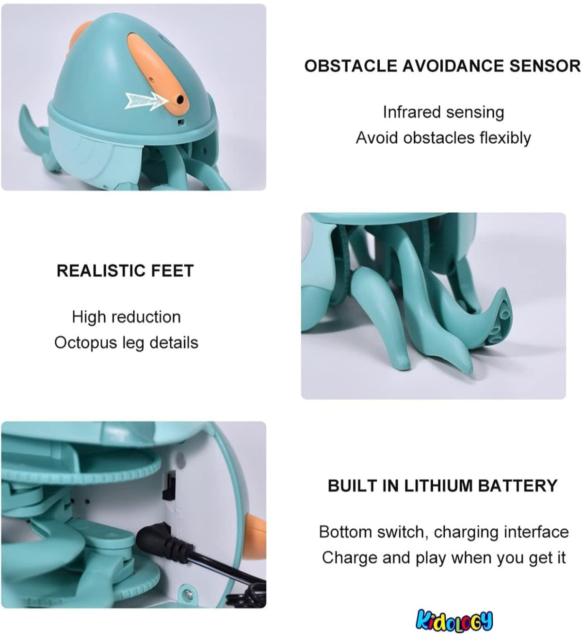 Teal octopus-shaped musical instrument toy for ages 3+ with obstacle avoidance and realistic feet