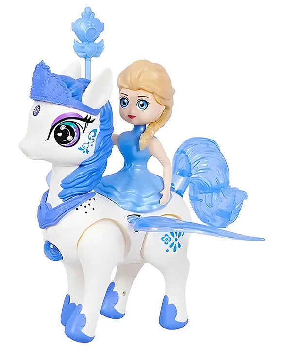 Blue musical unicorn toy with princess figure, ideal for children ages 3 and up