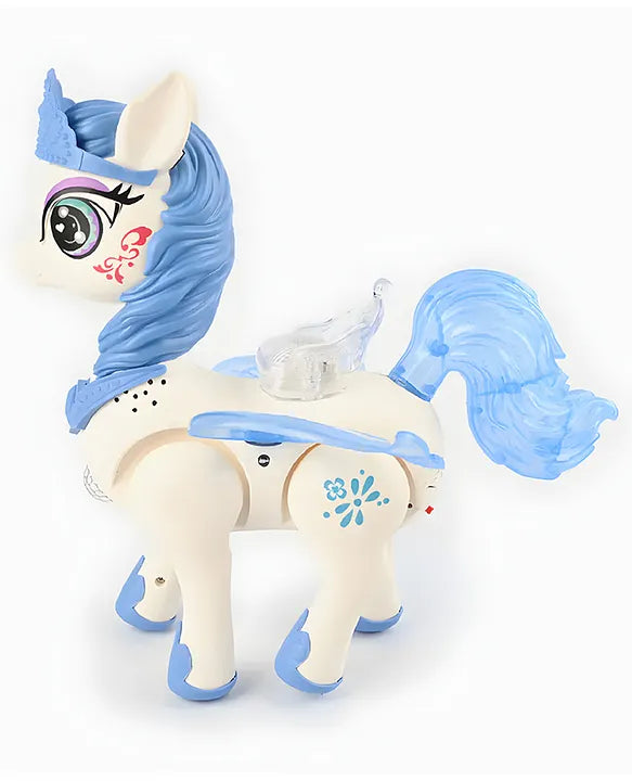 White musical unicorn toy with blue mane and tail for ages 3 and up