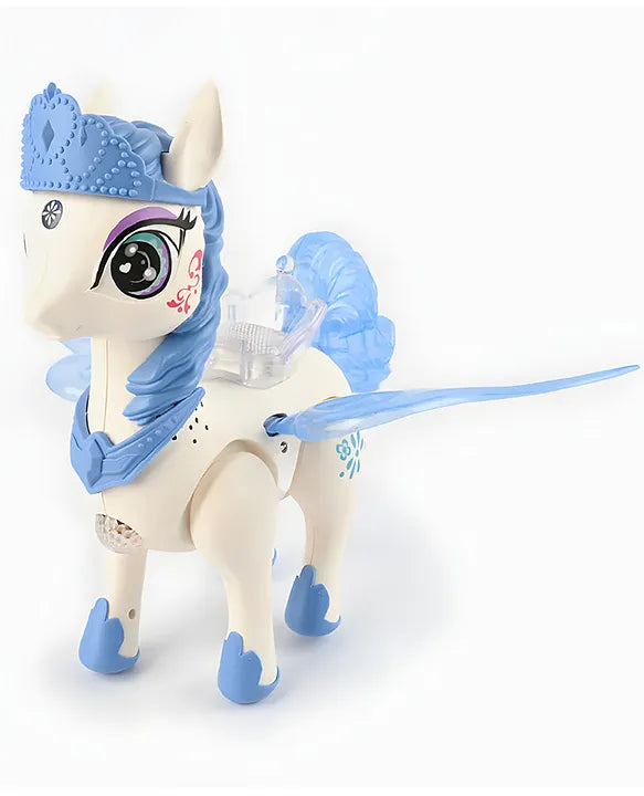 White musical unicorn toy with blue mane and wings for kids aged 3-6 years
