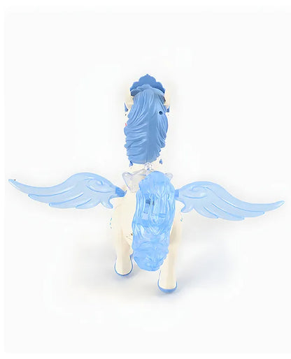 Blue musical unicorn toy with wings, perfect for imaginative play for toddlers