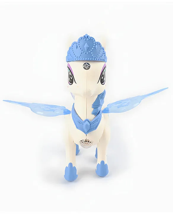 White and blue musical unicorn toy for kids that sings and dances, suitable for ages 3 and up