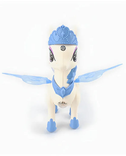White and blue musical unicorn toy for kids that sings and dances, suitable for ages 3 and up