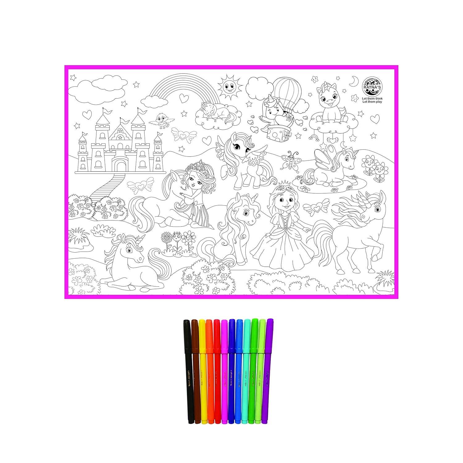 Washable coloring mat large size with unicorns and princess designs and colorful markers set