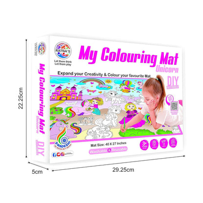 Washable coloring mat large size unicorn design with a girl coloring on the mat 40 by 27 inches