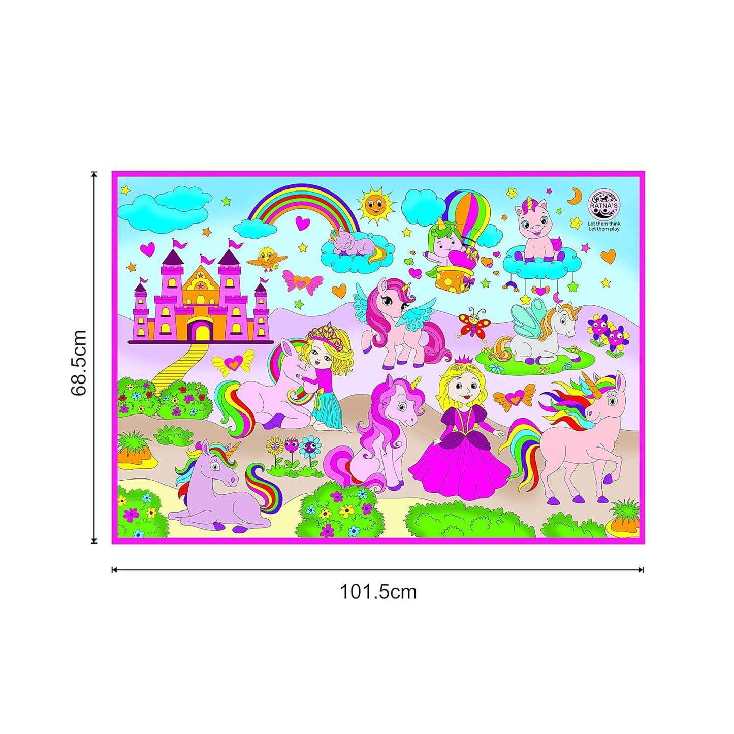 Washable coloring mat large size featuring colorful unicorns, princesses, and rainbow castle design