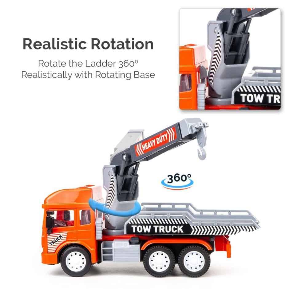 Orange tow truck toy with 360-degree rotating ladder for kids aged 3 years and up, perfect for playtime adventures