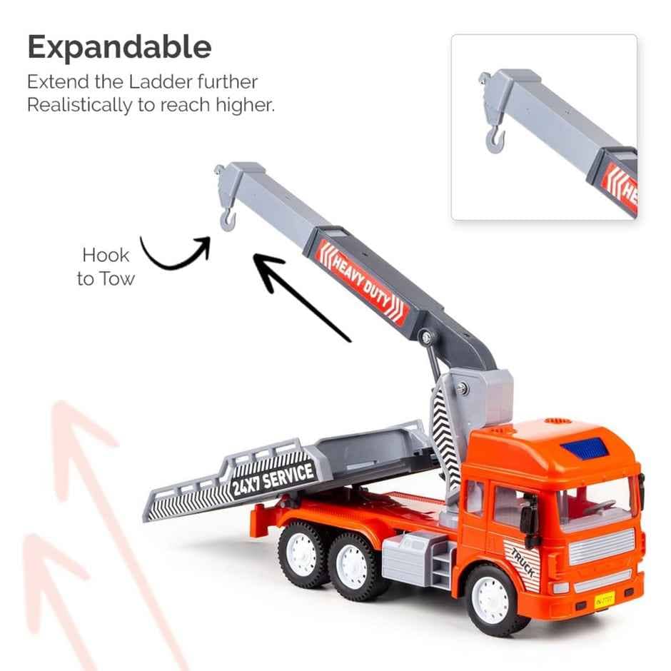 Orange truck toy with extendable crane for kids, perfect for imaginative play and adventure