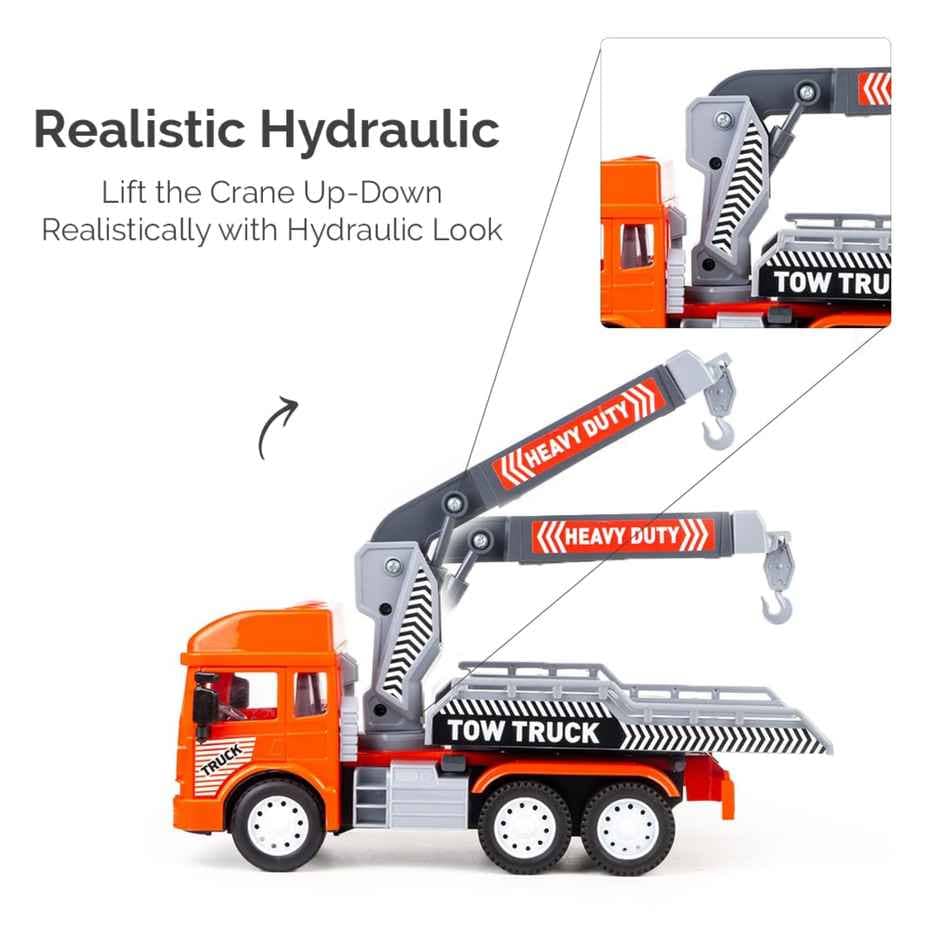 Orange hydraulic tow truck toy with crane for ages 3-8, lifts realistically for playtime fun