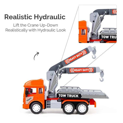 Orange hydraulic tow truck toy with crane for ages 3-8, lifts realistically for playtime fun