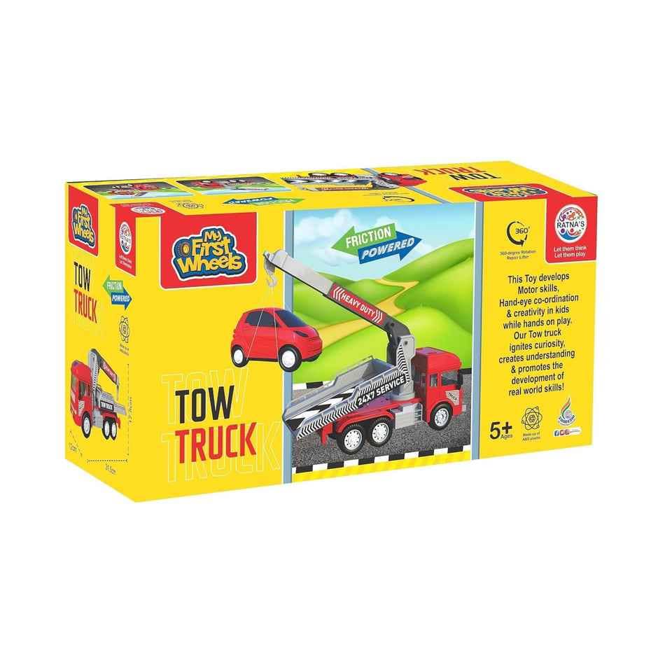 Red tow truck toy with a car, friction-powered for ages 5 and up, promoting motor skills