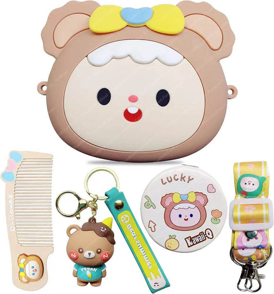 Cute children bag with accessories including a bear-shaped pouch, comb, keychain, mirror, and strap