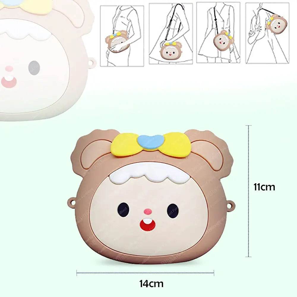 Cute children bag with accessories featuring a small bear face design with yellow bow measuring 14 by 11 centimeters