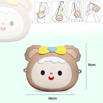 Cute children bag with accessories featuring a small bear face design with yellow bow measuring 14 by 11 centimeters