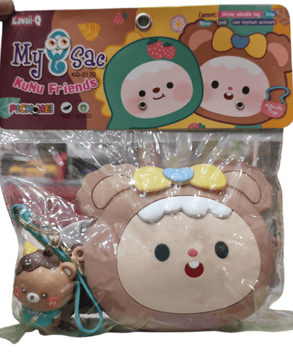 Cute children bag with accessories featuring a bear face design and matching keychain by T-Rex the toyland Sitamarhi