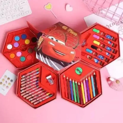Colorful art set in red case featuring pencils, paints, and accessories for creative kids