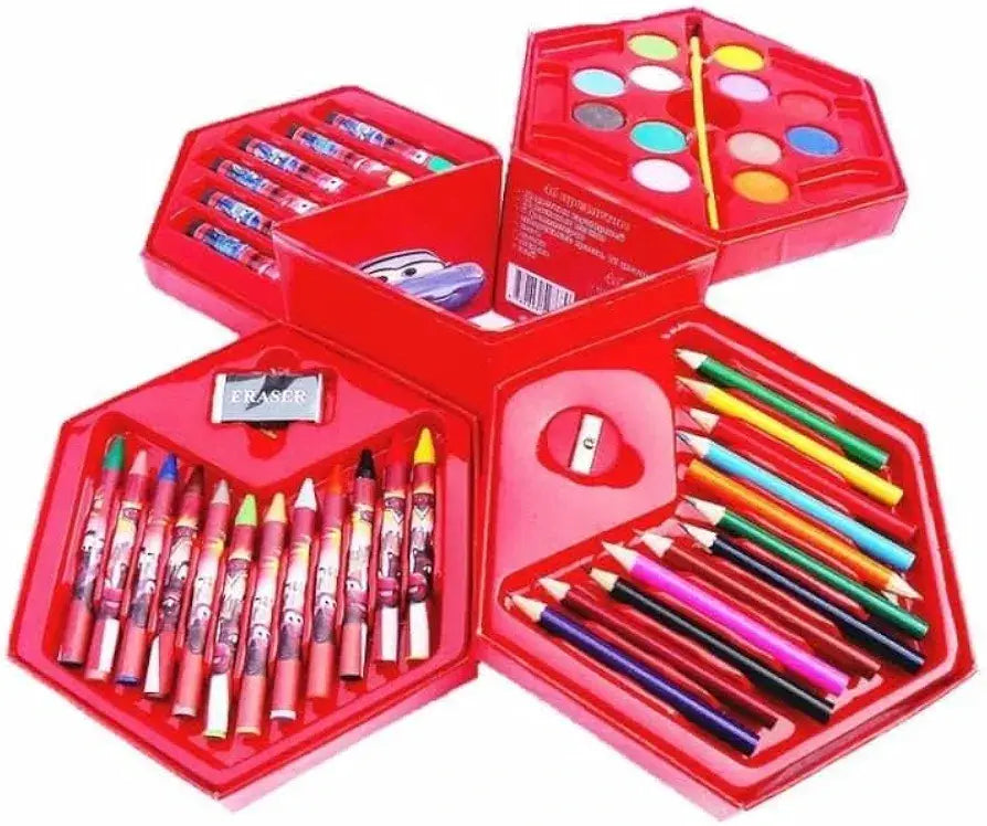 Colorful art set with crayons and paints for kids featuring a nativity set drawing