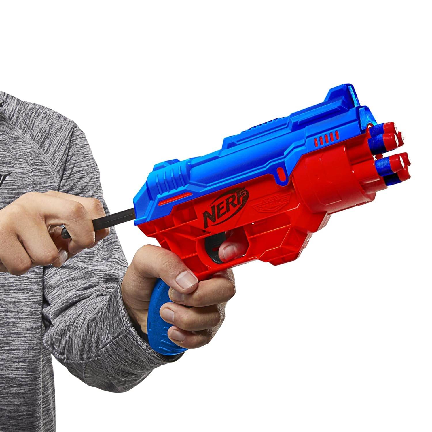 Hasbro Nerf Alpha Strike blaster in blue and red held by a person pulling the priming handle