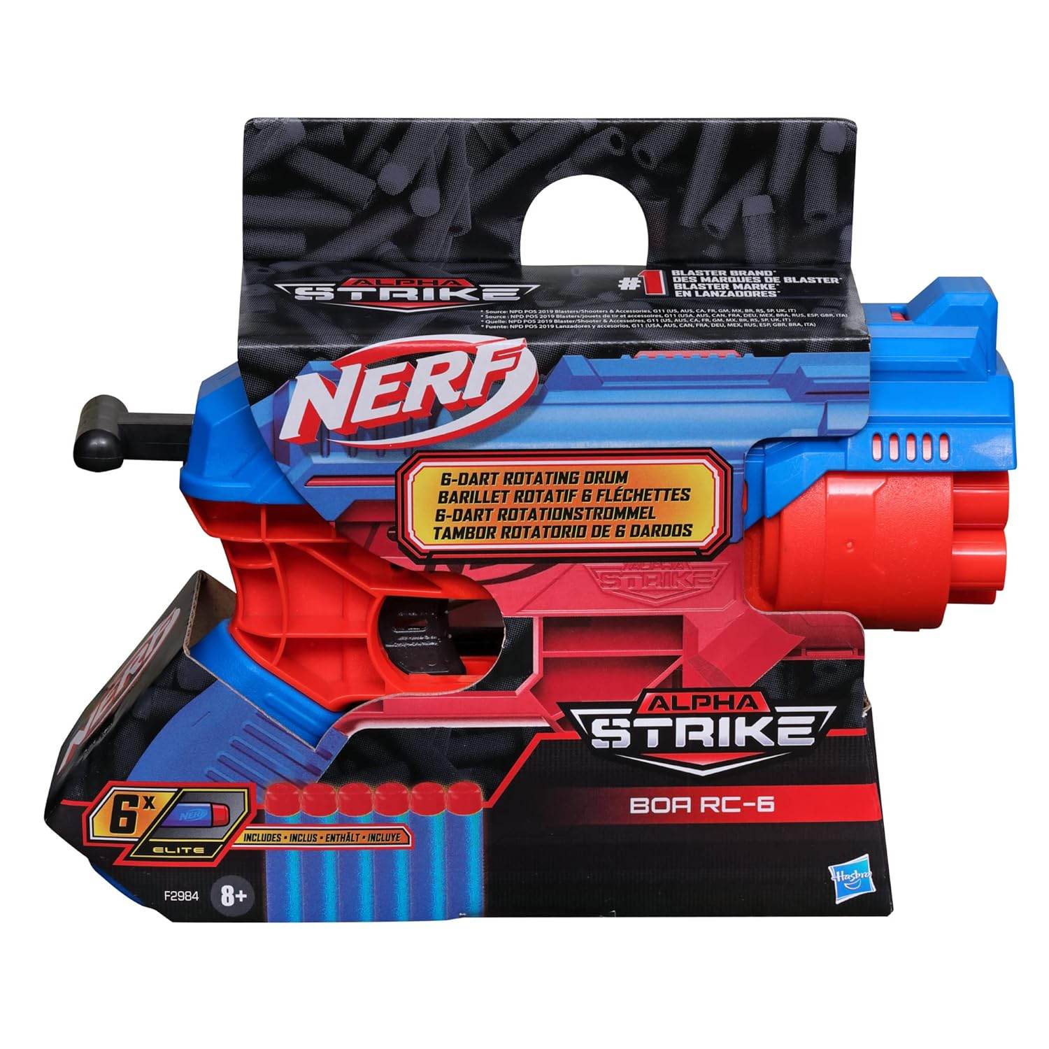 Hasbro Nerf Alpha Strike blaster in blue and red with 6-dart rotating drum for ages 8 and up