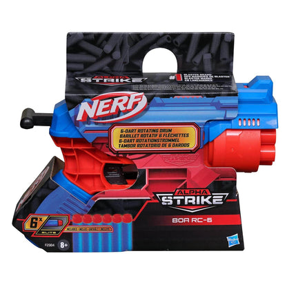 Hasbro Nerf Alpha Strike blaster in blue and red with 6-dart rotating drum for ages 8 and up