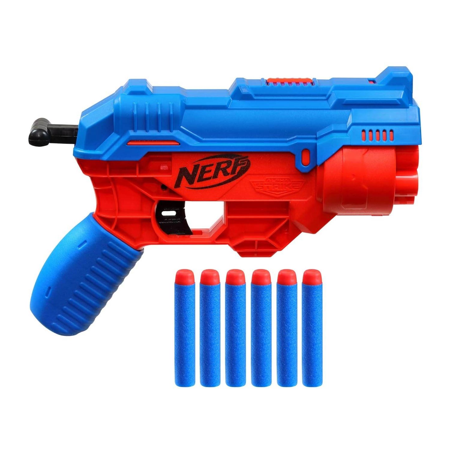 Hasbro Nerf Alpha Strike blaster in red and blue with six foam darts included
